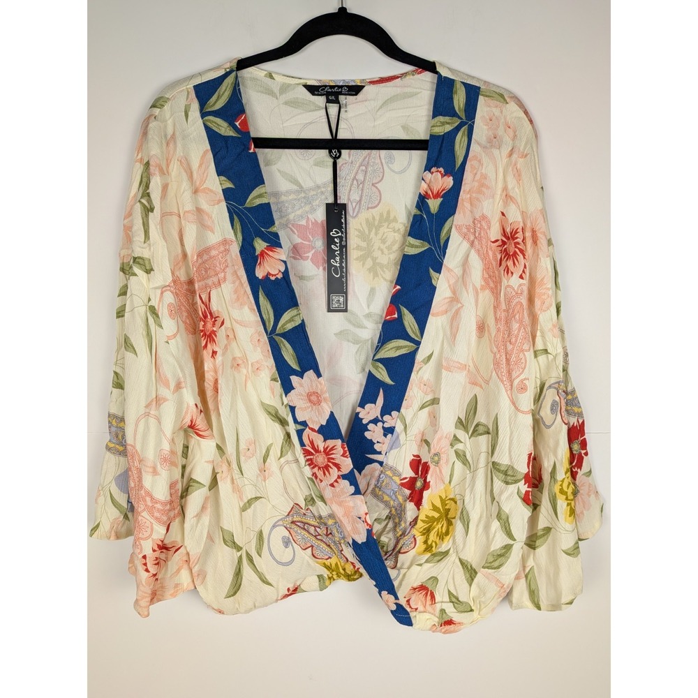 NWT Charlie B Overlap Kimono Blouse Size L Floral Print Flare Sleeve